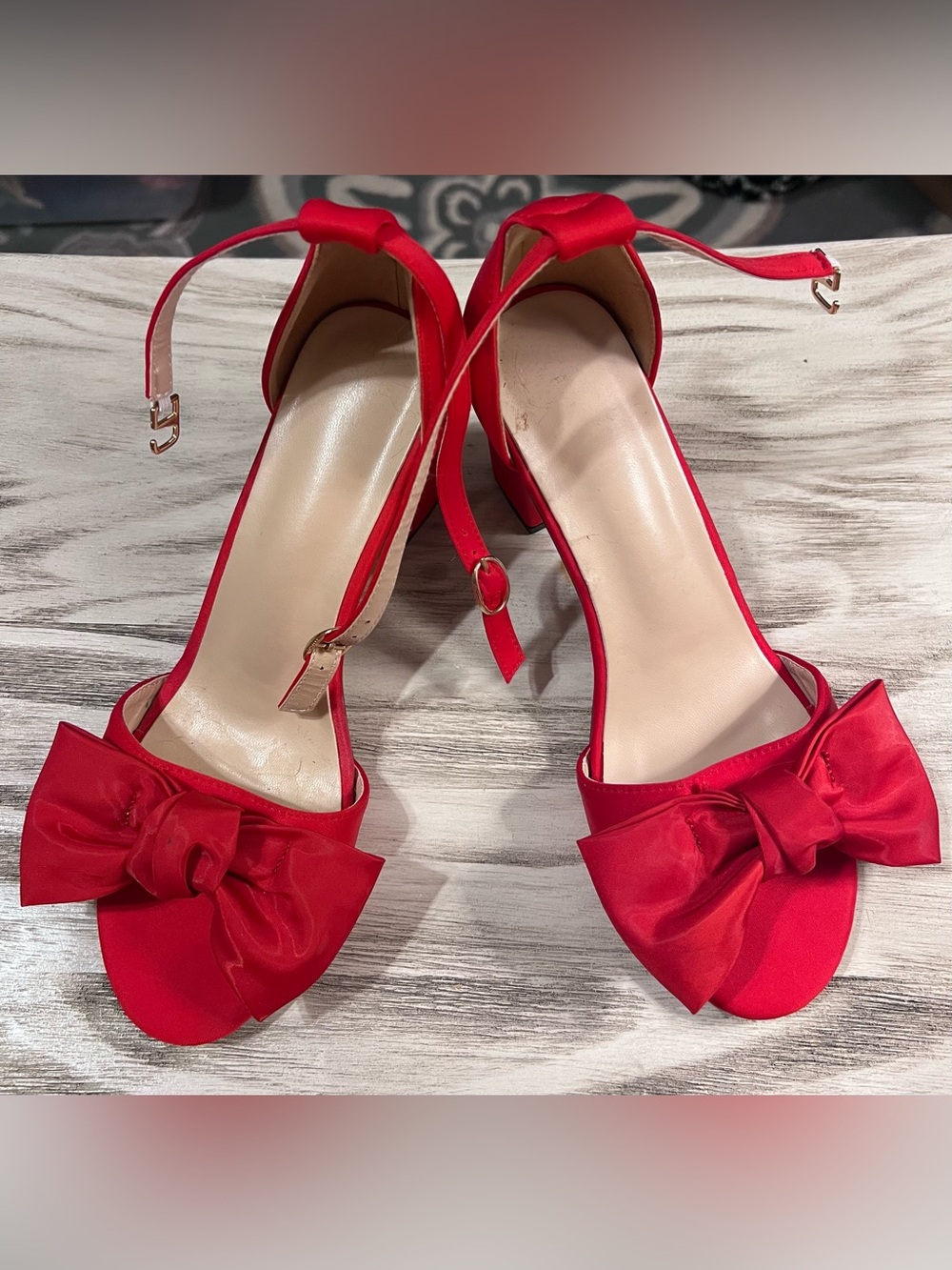 Red Satin Bow Block Heel Ankle Strap Sandals Women’s US 7